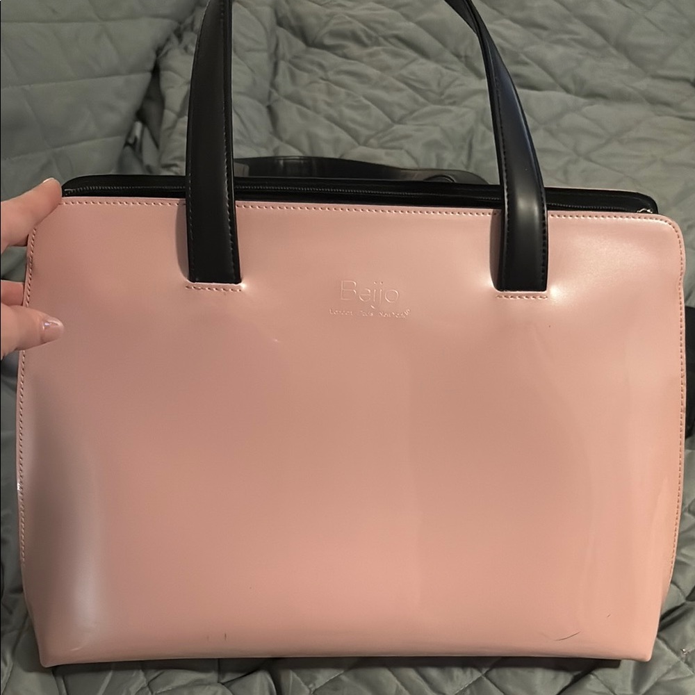 Beijo Pink and Black Handbag or Laptop Tote Bag with Structured Design
